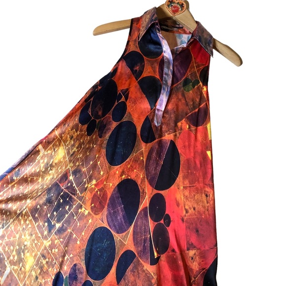 CROP David Peck silk abstract print sleeveless shirt dress with pockets S - Picture 10 of 14